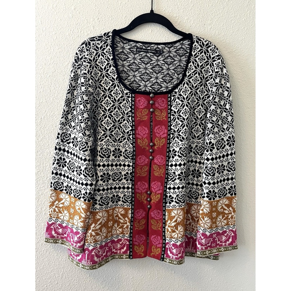 Gudrun Sjoden Women's Cardigan Sweater Large Organic Cotton Wool Floral Boho